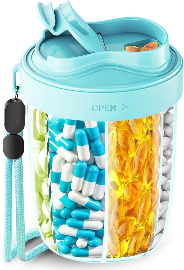 Large Pill Dispenser to Store 7 Various Supplements - Pill Organizer & Supplement Organizer for Travel, Anti-Mixing Design, BPA-Free with Strap & 20 Sticky Labels (Blue)