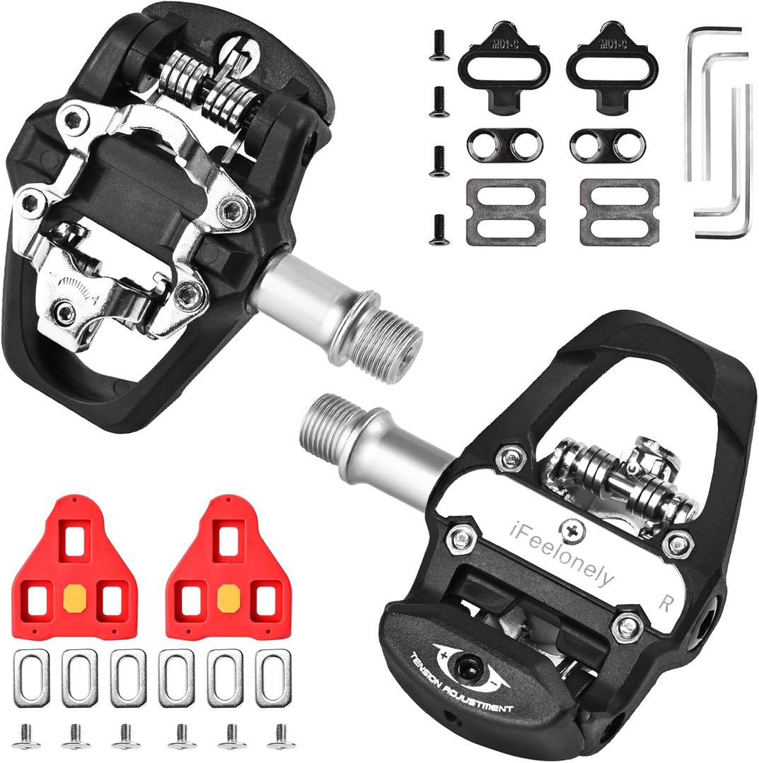 Exercise Indoor Bike Pedals with Cleats, Compatible with Peloton, Look Delta & Shimano SPD, Dual-Sided Clip-in Pedals, 9/16" Thread for Spin & Stationary Bikes