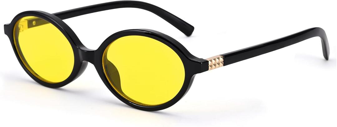 SCVGVER Retro Oval Sunglasses for Women Men, 90s Vintage Small Cat Eye Sun Glasses Y2k Trendy Narrow Shades, UV Protection (Black Frame/Yellow Lens)