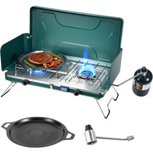 2-Burner Propane Stove, Portable Camping Cooktop with 2 Adjustable Burner and Wind Guards, 20000BTU Camping Stove with Ignition & Griddle for Camping,Tailgating, BBQ, Grilling,Outdoor Gear