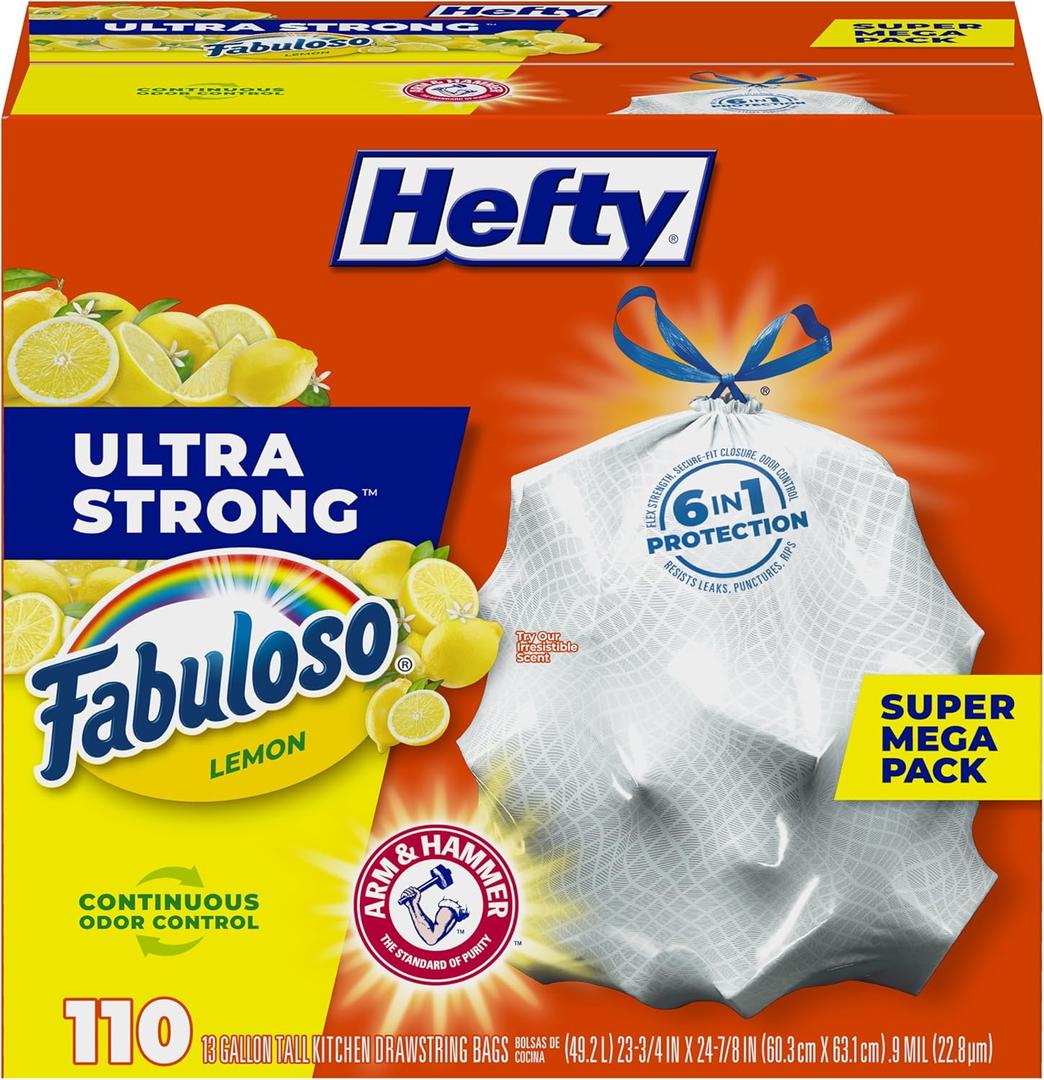 Hefty Ultra Strong 13 Gallon Trash Bags, Tall Kitchen Trash Bags 13 Gallon Size, Resist Leaks, Punctures, and Rips, Continuous Odor Control, White, Fabuloso Lemon Scent, 110 Bags