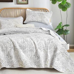 WONGS BEDDING Floral Quilt Set Queen Size, 3 Pieces Botancial Bedspread Coverlet Set, Lightweight White Quilt Bedding Set for Bed,Soft Microfiber Farmhouse Flower Bedding Set for All Season (96"x90")