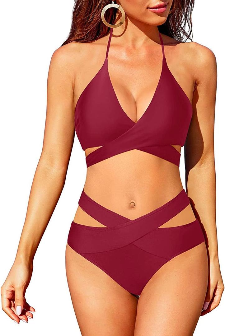 Holipick Two Piece Bikini Sets for Women High Waisted Bikini Push Up Swimsuit Halter Wrap Criss Cross Bathing Suit (Red, XL)