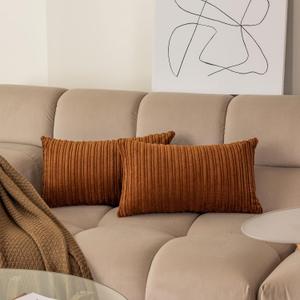 Kevin Textile Fall Throw Pillow Cover with Stripe Pattern, 12x20 Inch, Brown, Set of 2 Autumn Decorative Super Soft Corduroy Cushion Covers, Solid Color Pillow Cases for Bedroom Couch Sofa