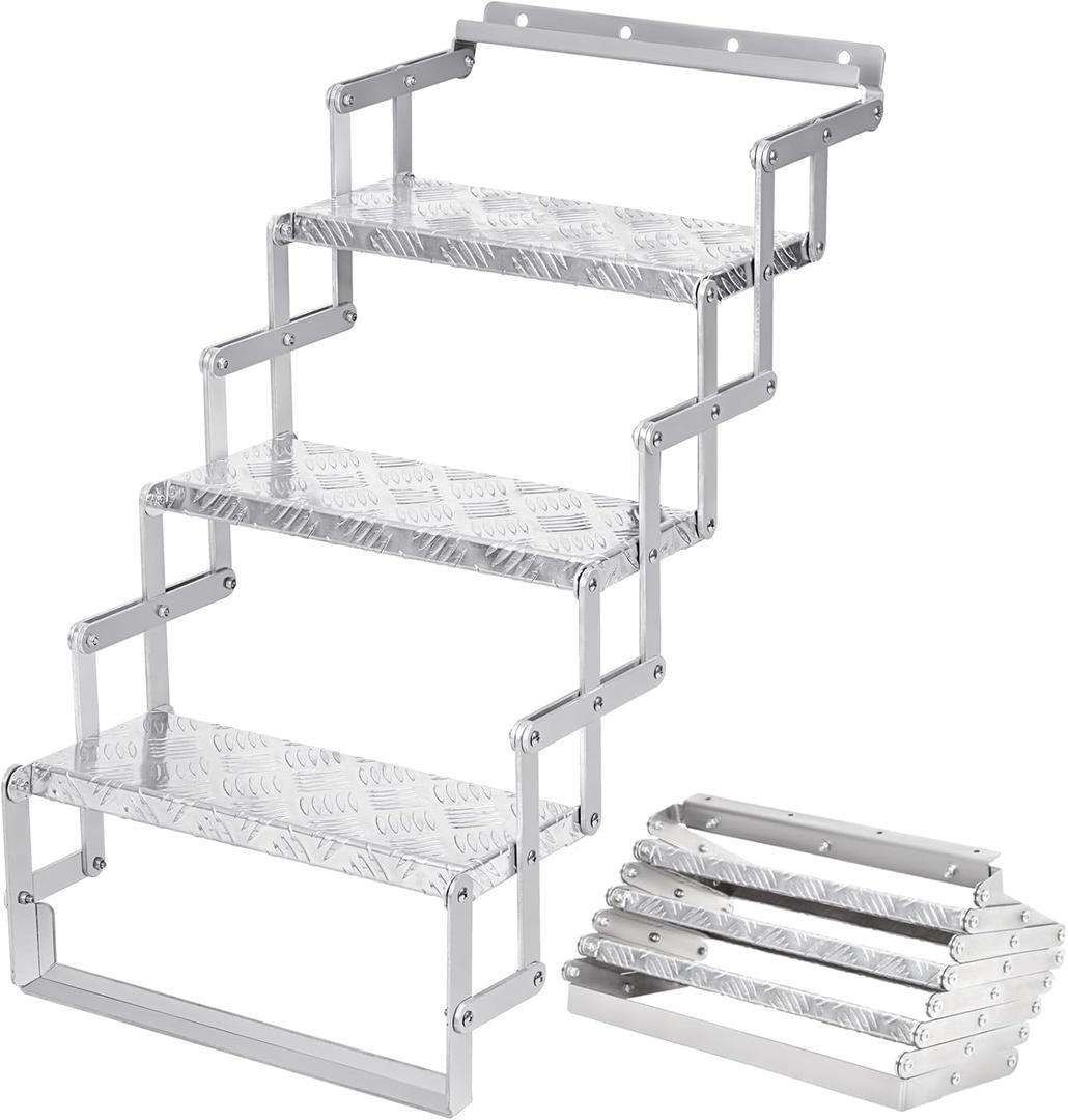 Aluminum Scissor Stairs, 3 Steps Outdoor RV Step Ladder, 18" Wide Camper Stair Ladder with Anti-Slip Surface, Portable Stairs for Travel Trailer, Silver