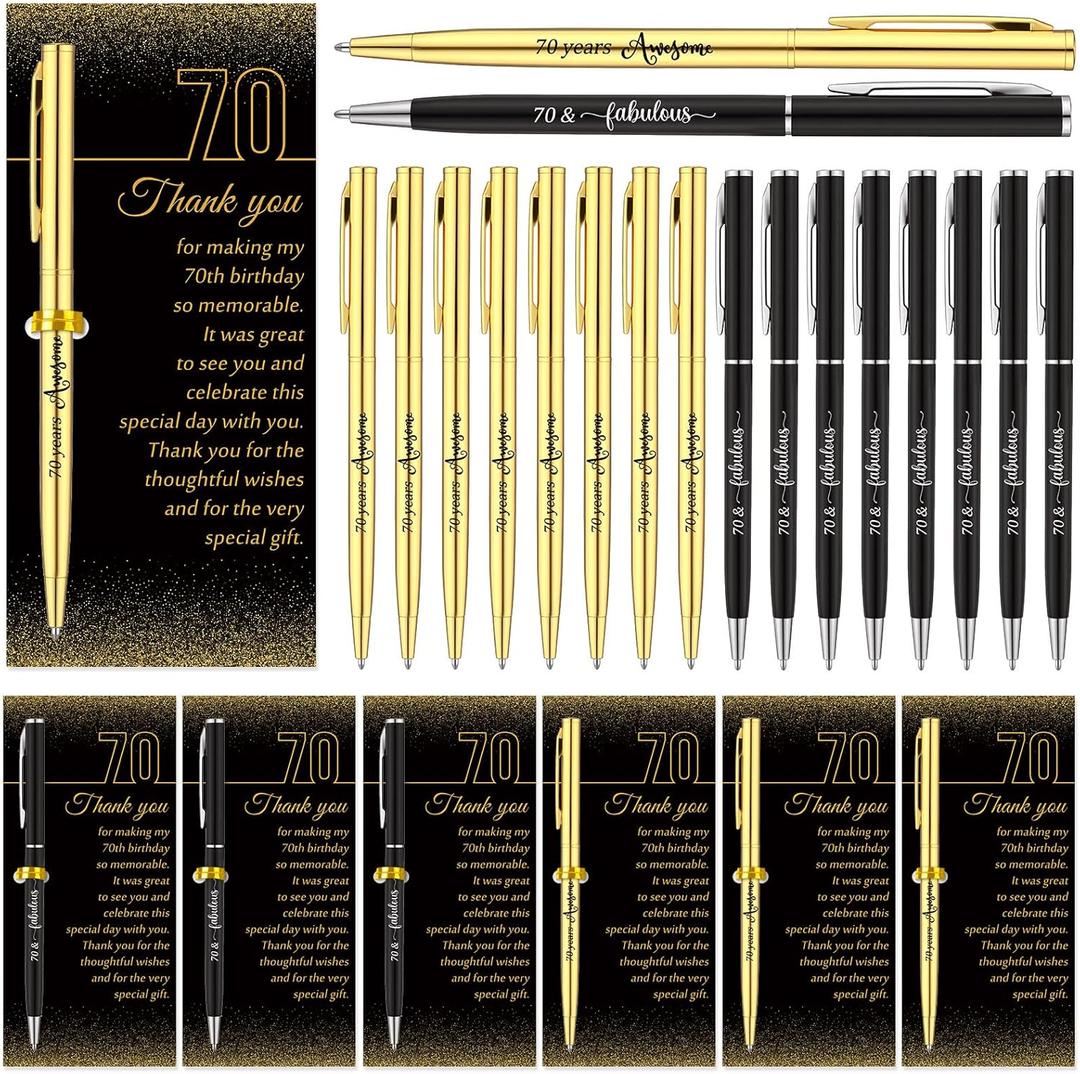 Feifeiya 25 Sets 70th Birthday Party Favors for Guests Black Gold Awesome Ballpoint Pens with Thank You Cards for Women Men Birthday Souvenirs Anniversary Party Appreciation Gifts