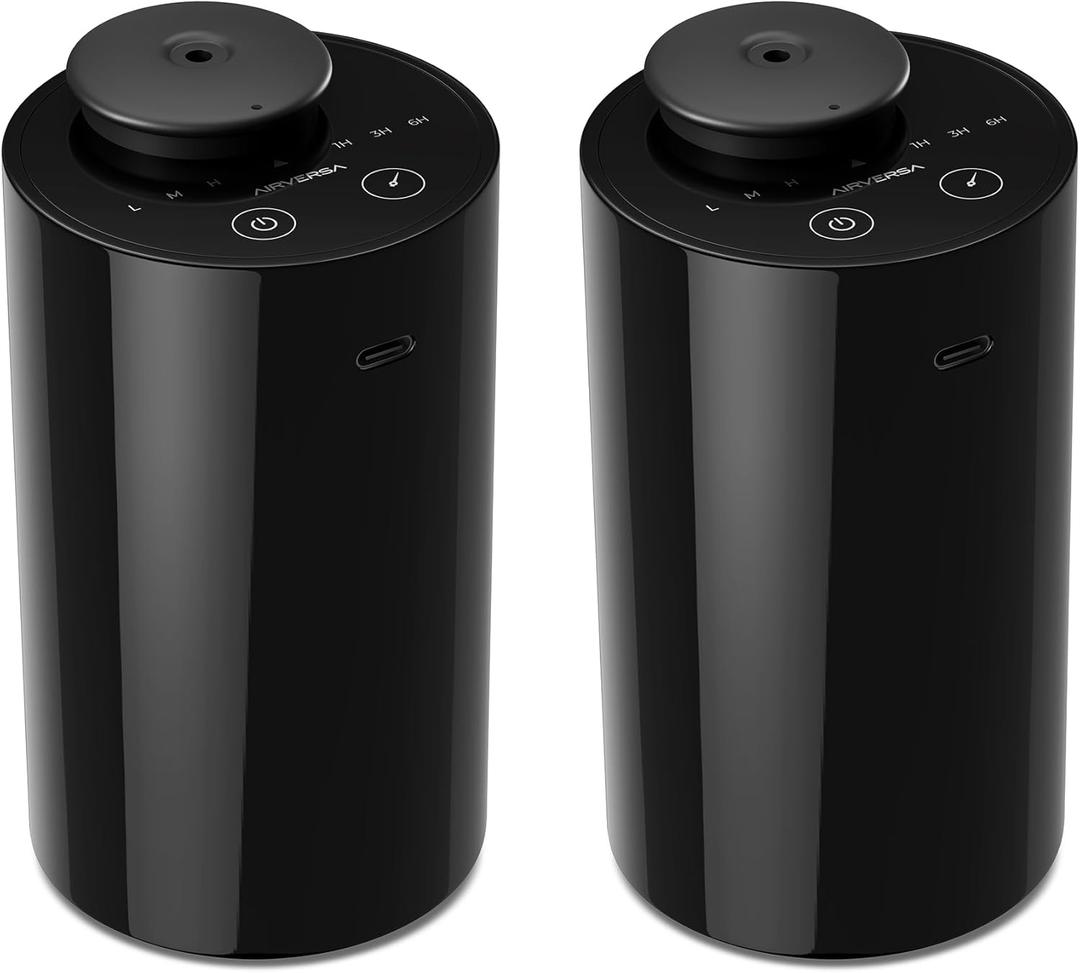 Airversa Waterless Diffuser for Essential Oil, Car Diffsuer, Battery Operated Nebulizer, 0.7 Fl Oz/ 20mL, Mini Scent Air Machine, 3 Timers & 3 Mist Levels for Home, Room, Office, Black 2 Pack