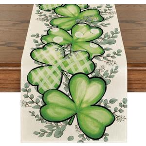 Artoid Mode Clover Shamrocks Eucalyptus Buffalo Plaid St.Patrick's Day Table Runner, Seasonal Kitchen Dining Table Runner for Home Party Decor 13x72 Inch (Green)