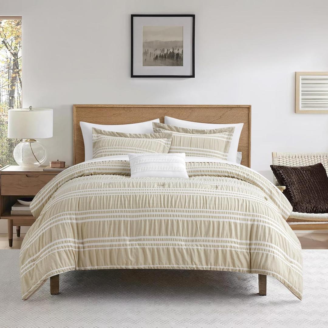 Chic Home Emma Twin 3-Piece Striped Seersucker Comforter Set, 1 Pillow Sham, 1 Decorative Pillow - Beige