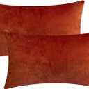Set of 2 Comfortable Rectangular Velvet Throw Pillow Cases, Decorative Lumbar Cushion Covers for Sofa Couch and Bed - 12"x20", Rust