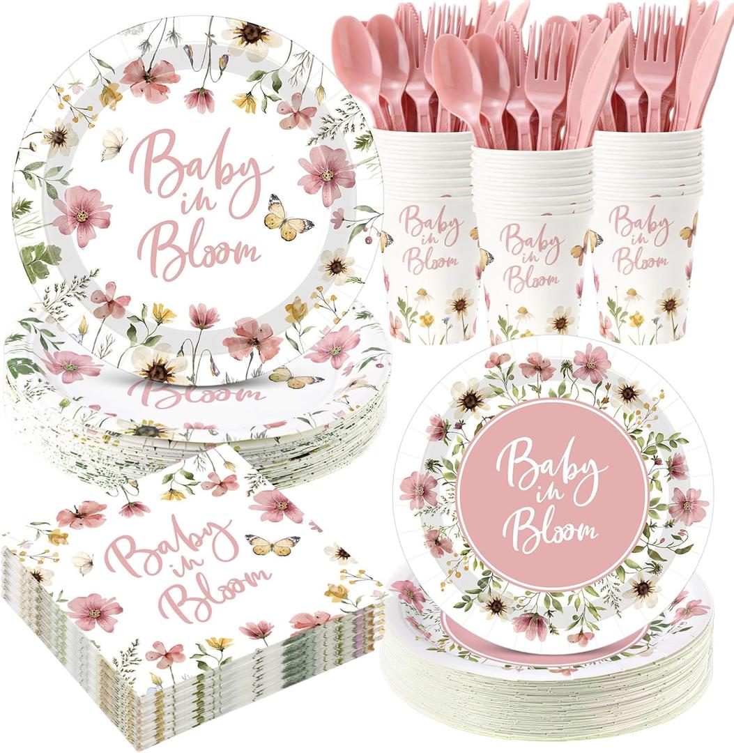 Funnymoom 400 Pcs Baby in Bloom Party Supplies for 50 Guests Pink Floral Baby Shower Paper Plates and Napkins Knives Spoon Fork Cup Disposable Wildflower Dinner Party for Spring Greenery Favor