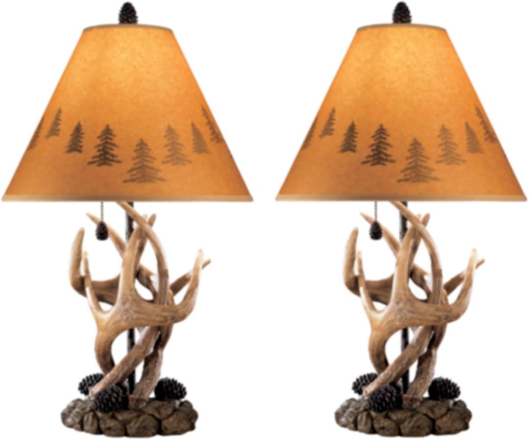 Signature Design by Ashley Derek Rustic Cabin Antler Lamp Set, 2 Count, Paper Silhouette Shade, Pull Chain Switch, 13.88" W x 13.88" D x 23.75" H, Brown