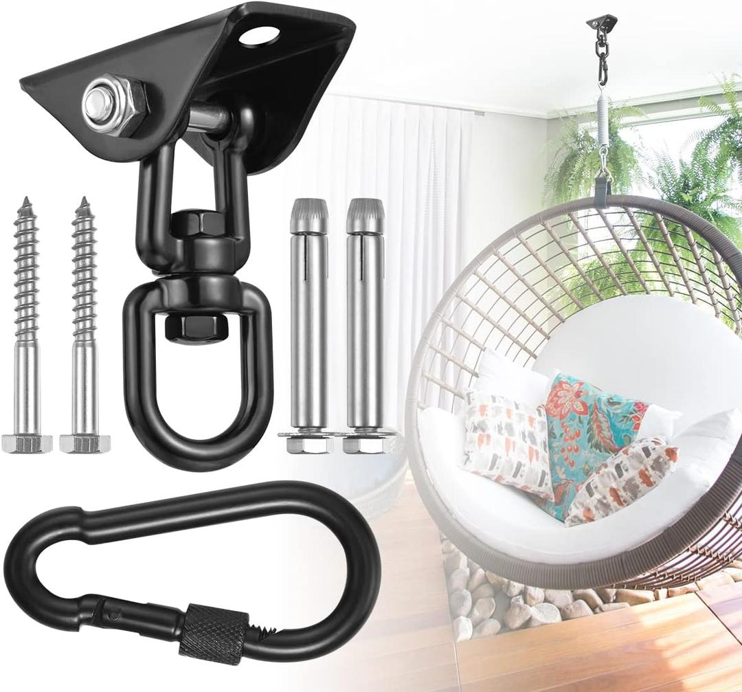 Hammock Hanging Kit, Hanging Chair Hardware 360Rotating 1200 lb Capacity Hammock Hooks Heavy Duty, Hammock Chair Hanging Kit & Swing Ceiling Hook Snap for Hammock Chair Stand, Seat, Tree, Yoga, Gym (Black)