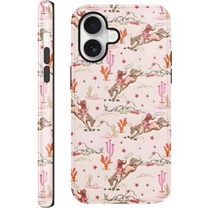 for iPhone 16 6.1'' Cute Cowgirl Star Western Phone Case, 2 in 1 Cool Aesthetic Horseback Riding Cactu Stars Case Shockproof Protective Non-Slip Design Protection Cover or Woman Girls
