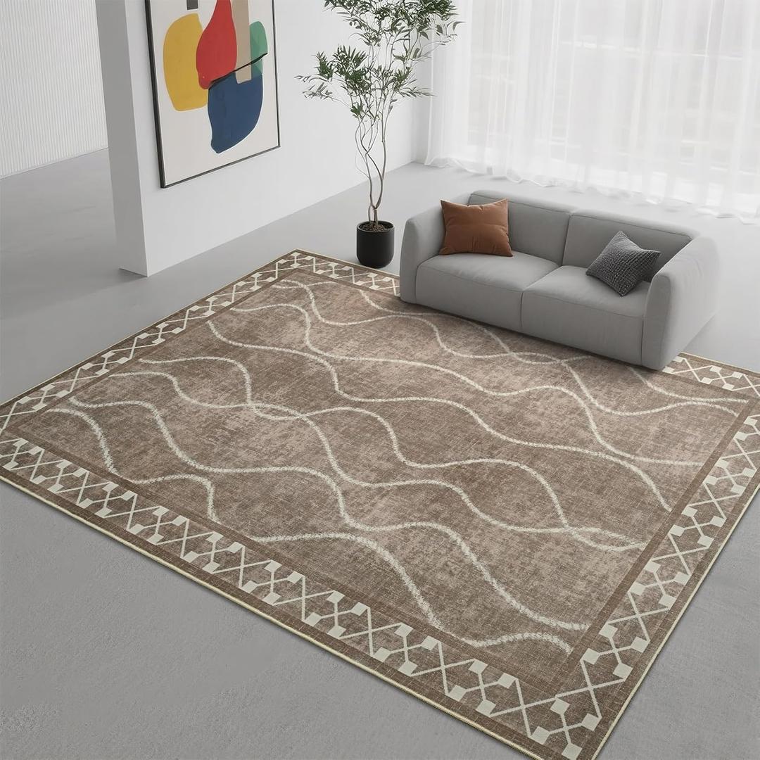 DweIke Living Room Bedroom Area Rugs 4x6 Brown, Soft Washable Non Skid Backing Low Pile Throw Carpet, Modern Minimalist Bordered Rug for Dining Room, Office, College Dorm, Kids Classroom Decor
