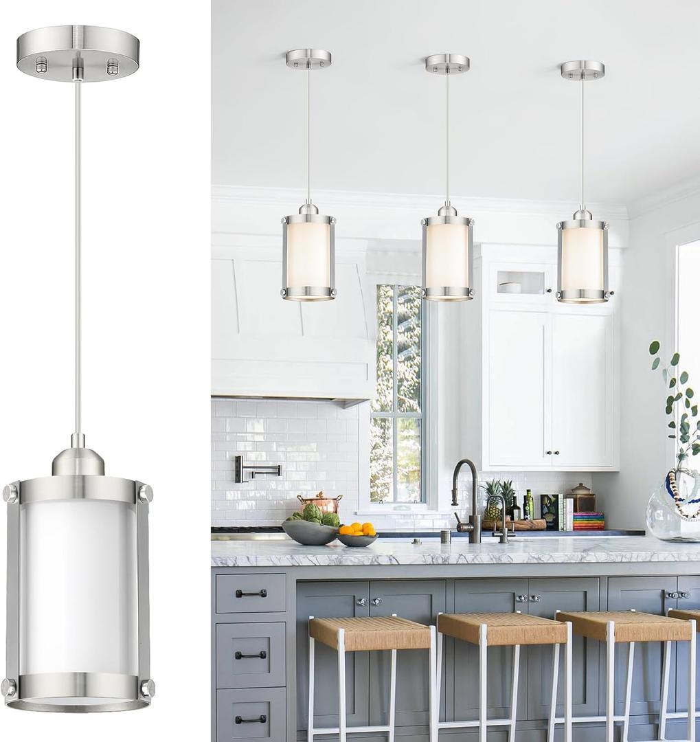 Brushed Nickel Pendant Lights Kitchen Island, 1-Light Modern Mini Hanging Light Fixtures with Milk Glass, Farmhouse Kitchen Pendant Lighting Over Island for Sink, OS-3014-1PBNW