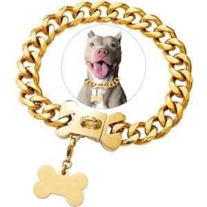 Gold Stainless Steel Cuban Link Heavy Duty Dog Collar for Small Medium Large Dogs, American Bully French Bulldog Dog Necklace Collar with Safety, Size: 16 Inch