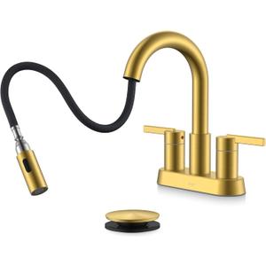 KENES Brushed Gold Centerset Bathroom Faucet with Pull Out Sprayer, 4 Inch 2 Handle Pull Down Bathroom Faucet 3 Hole, Bathroom Sink Faucet with Pop Up Drain & Supply Lines LJ-9069-4