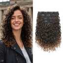 Flufymooz 4PC Clip in Hair Extensions, 14 Inch 100 Pure Protein Silk Short Hairpiece Deep Curly Wavy Hair Extensions Clip in Natural Soft Hairpiece for Women-Dark Almond brown with copper