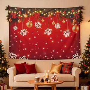 6.5x5ft Christmas Red Snowflake Backdrop with String Llights for Photography, Winter Christmas Photohoot Polyester Fabric Xmas Tree Snow Background for Family Holiday Party Decoration