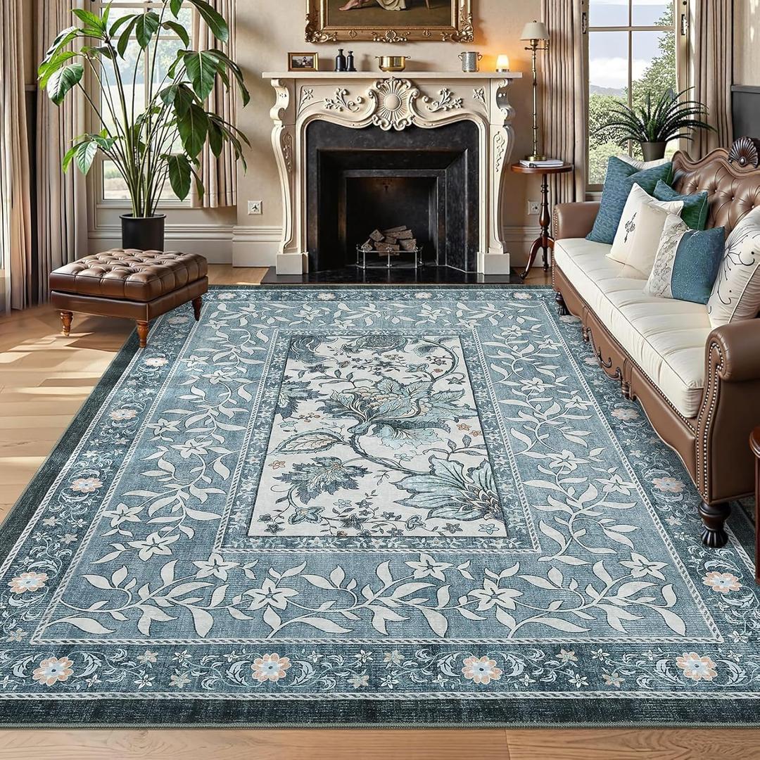 GarveeHome Provence Area Rugs 9x12 Living Room, Botanical Grove Retro Blue Cottagecore Washable Rug for Bedroom Dining Nursery Low-Pile Vintage Large Carpet