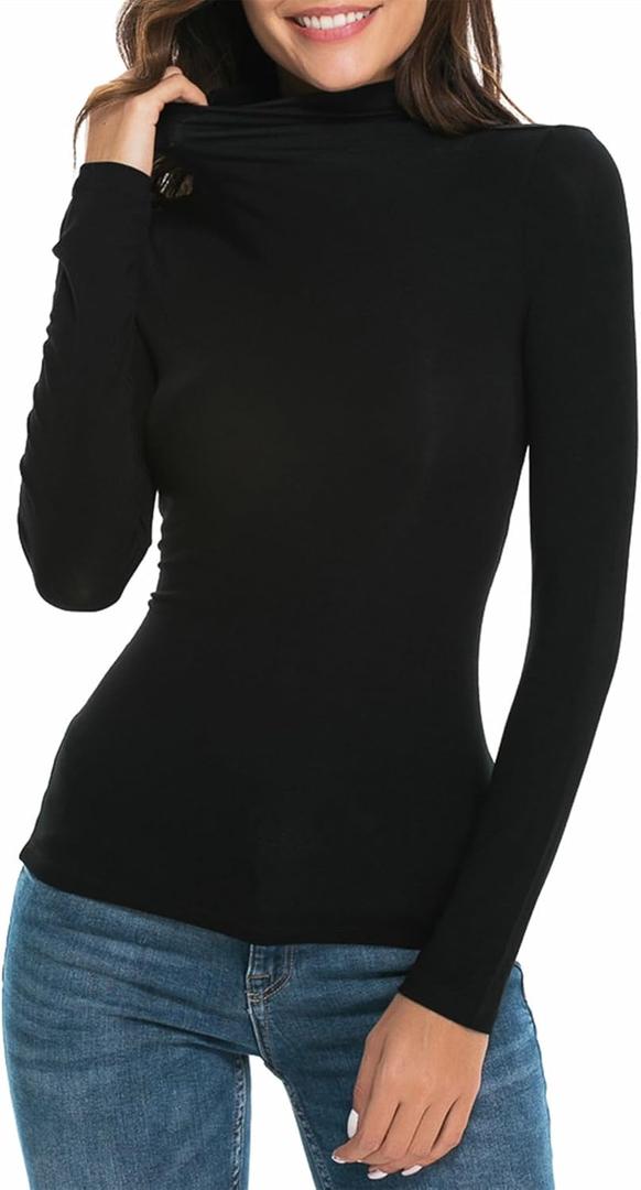 Womens Mock Turtleneck Long Sleeve Stretch Fitted Underscrubs Layer Tee Tops (Black, M)