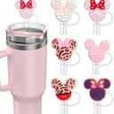 6PCS Straw Covers for Stanley Cup Tumbler 30 oz / 40 oz Leak Proof Straw Toppers 10mm Silicone Cute Straw Stopper Caps for Stanley Cup Accessories-Pink Mice