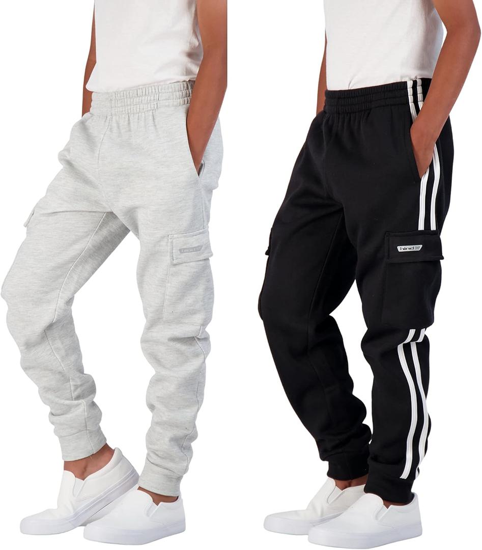Hind Boys 2-Pack Fleece Jogger Sweatpants with Cargo Pockets for Kids Athletic & Casual Wear (8, Black Grey Heather)