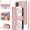 for Samsung Galaxy A16 5G/4G Floral Wallet Case with Zipper Purse Wrist Strap Shoulder Strap, Luxury Glitter PU Leather Card Holder Stand Accessories Cell Phone Cover for A 16 Women Rose Gold