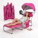 Folding Camping Lounge Chair with Canopy & Fan, Portable Reclining Camping Cot with Pillow and Side Pocket, Full Length Outdoor Chaise Lounge for Beach, Pool, Patio, Lawn(Pink)