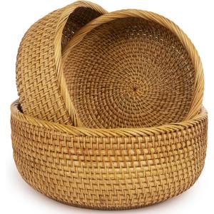 CLAYNIX Woven Fruit Basket For Holder Bowl Decorative Bread Vegetable, Serving Bowl Set of 3 For Organizing Kitchen Natural Rattan Picnic Basket Round Stackable (Natural)
