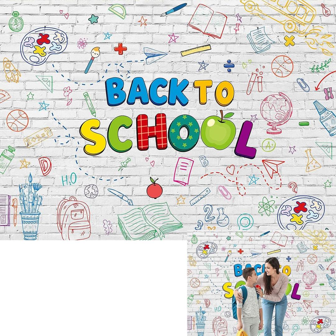 Back to School Backdrop Hand Printed Pencils White Brick Wall Background, 7X5FT