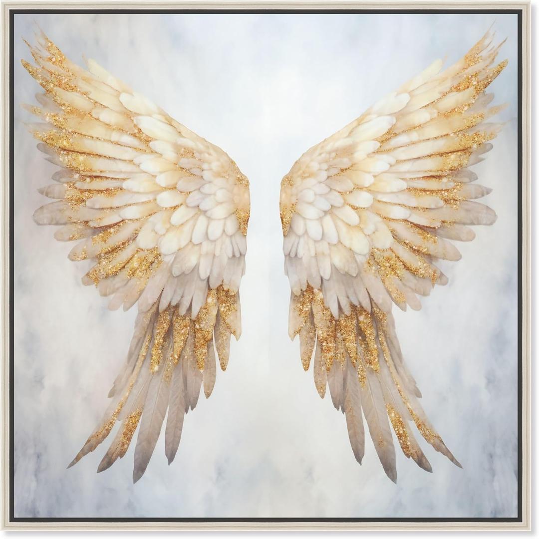 Elegant Angel Wings Canvas Elegant White Gold Wall Art, Silver Frame, Floating, 30" x 30", 31"L x 31"W