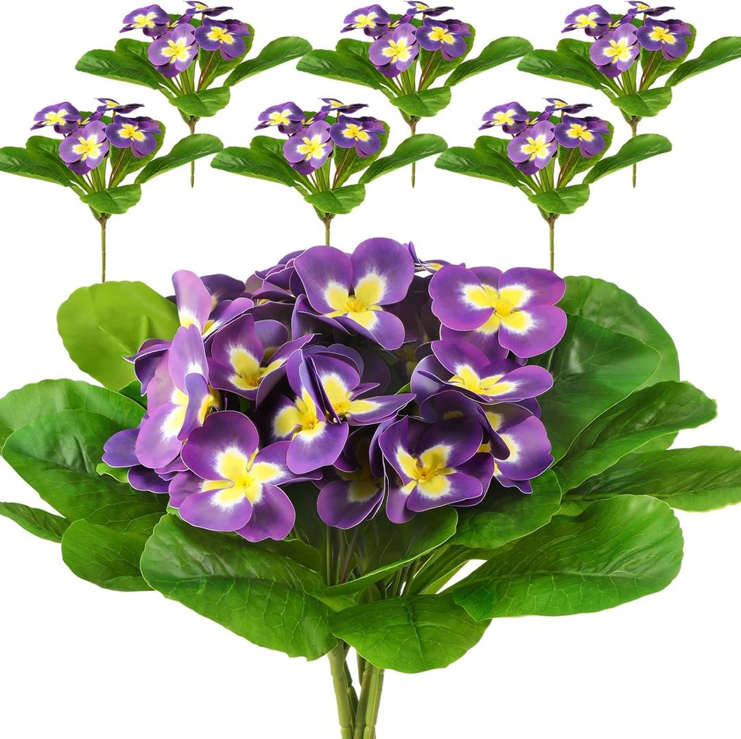6 Pcs Summer Artificial Pansies for Outdoors, 9. 84 Inches Artificial Primroses Bushes Faux Plastic Flower Fake Plants Outdoor for Planters Indoor Outside Garden (Purple)