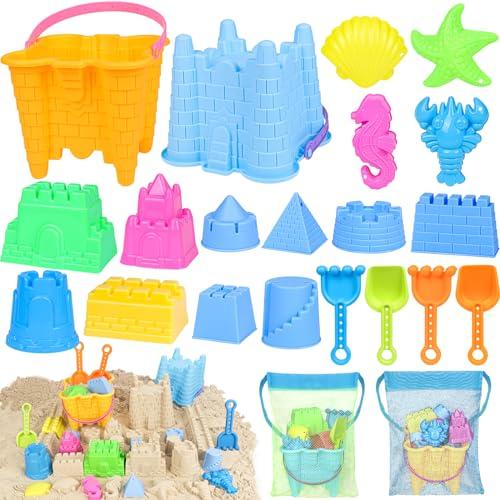 KUBUSFLY Beach Toys for Toddlers, Sand Castle Toys with 2 Sand Bucket, 2 Mesh Bag, 4 Shovels & Molds, Travel Sand Toys for Beach Sandbox Toys for Toddlers Kids Baby Boys Girls Age 3-10