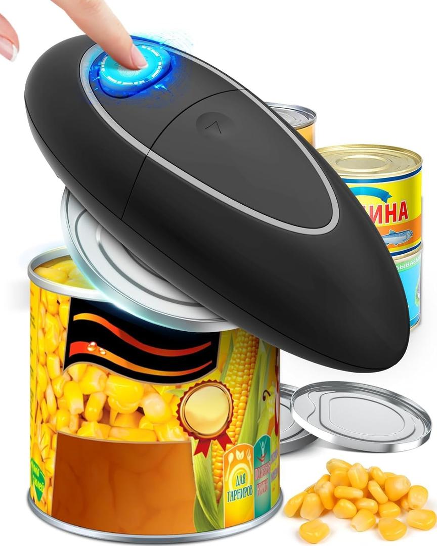 One Touch Electric Can Opener Fits Almost All Can Sizes for Seniors with Arthritis, Hand Held Battery Operated Can Opener with Smooth Edge, Food Safe Kitchen Gadgets Automatic Can Opener for Kitchen (Black+Grey)