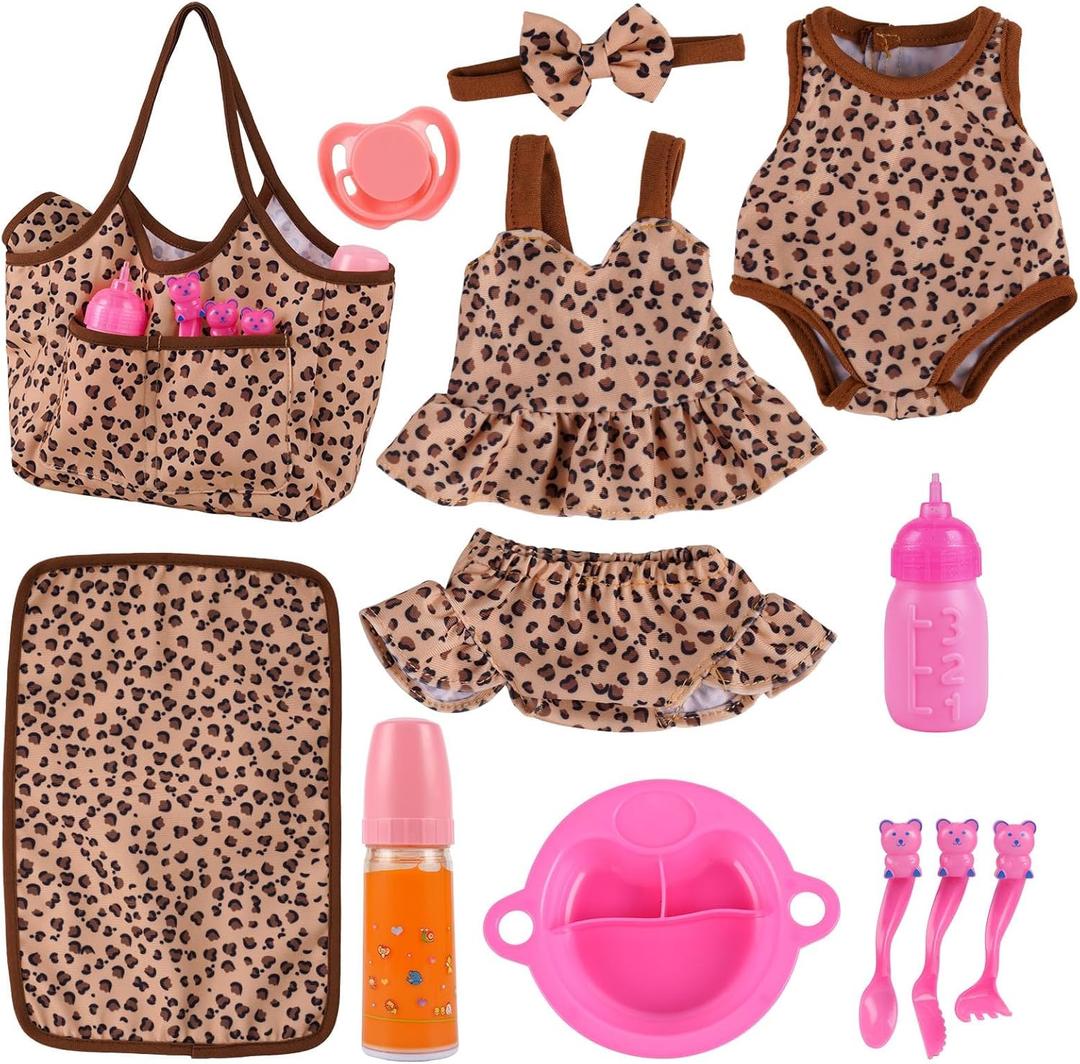 BABESIDE 13Pcs Baby Doll Clothes and Accessories for 10-12 inch Dolls, Baby Doll Feeding and Care Set with Carry Bag, Bottles, Tableware, Baby Doll Outfit for Newborn Doll Girl (Leopard Pattern)