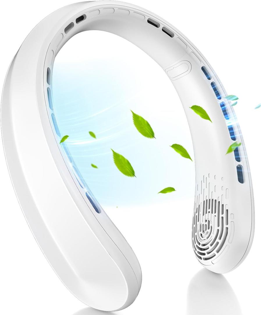 Neck Fan, Portable Fan around Neck, 5200mAh Battery Operated Wearable Personal Fan with USB Rechargeable, 3 Wind Speed,Ultra Quiet, Bladeless,Headphone Design for Travel, Men Women (White)