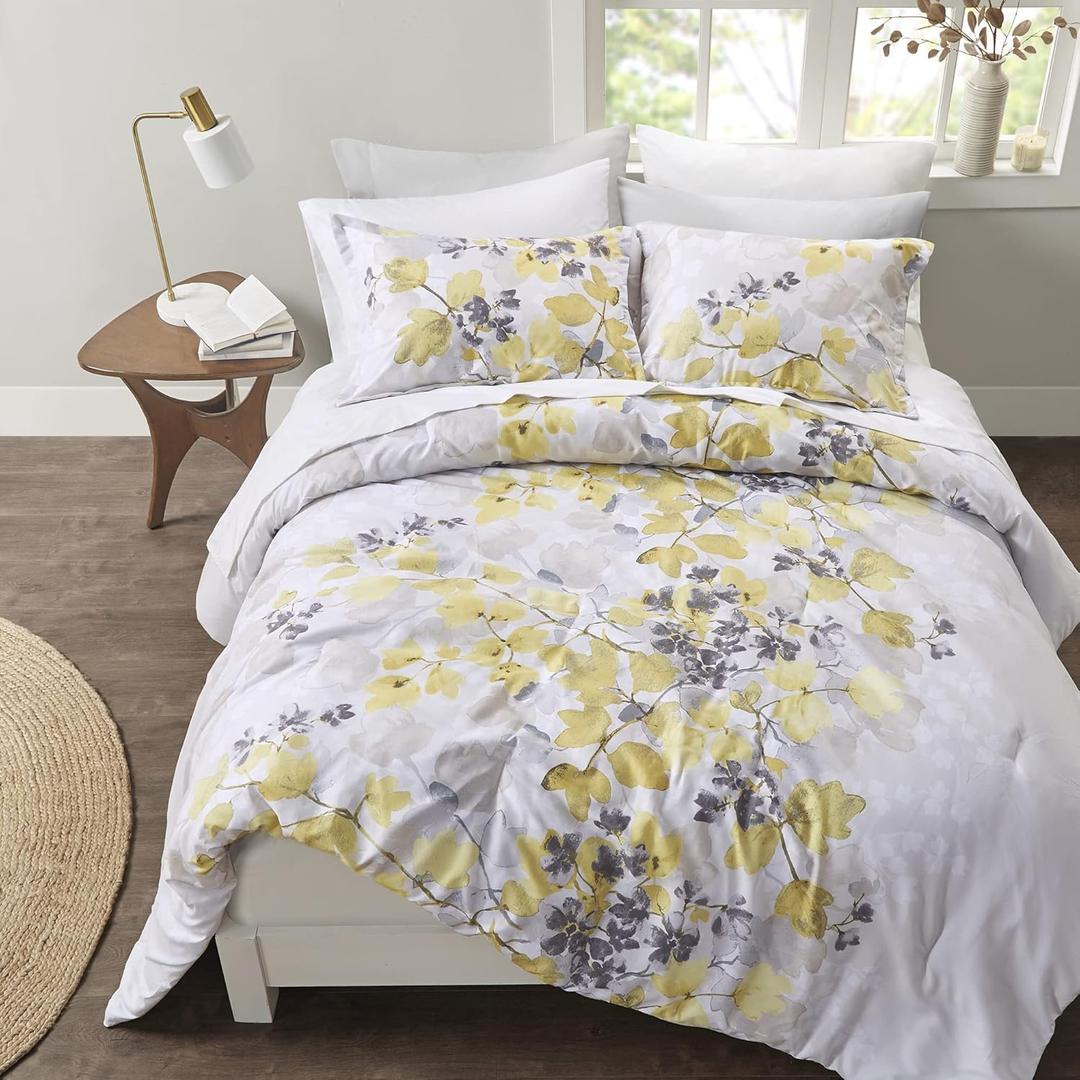 Madison Park Bed in A Bag-Trendy Casual Design Cozy Comforter with Complete Sheet Set with Side Pocket, All Season Cover, Matching Shams, Full, Leaf Yellow 9 Piece
