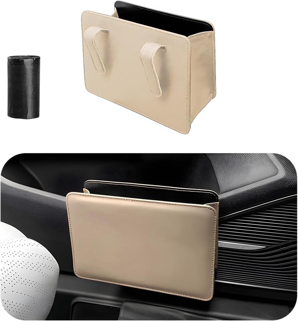 Yourkar Car Trash Can, Foldable Waterproof Leather Car Garbage Organizer Holder, Automotive Mini Dustbin Container with One Roll Trash Bag, Universal Interior Car Accessories (Beige)