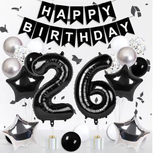 Happy 26th Birthday Decorations For Women Men, Black 26 Balloon Numbers 40 Inch, Black Happy Birthday Banner, 26th Birthday Balloons For Silver And Black Birthday Decorations