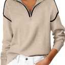 ANRABESS Womens Quarter Zip Sweaters Fall Long Sleeve V Neck Shirts Collared Business Casual Tops Knit Pullover Sweatshirts Almond M
