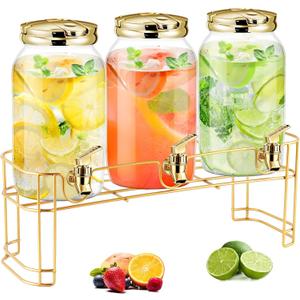 Tanlade 3 Pcs Plastic Drink Dispenser with Stand Beverage Dispenser with Sturdy Metal Base Juice Dispensers for Parties Lemonade Jar Spigot for Weddings Countertop, Each 1 Gallon(Gold)