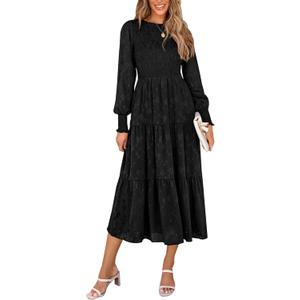 PRETTYGARDEN Women's Fall Spring Midi Dress Long Sleeve Floral Smocked Elegant Wedding Guest Long Flowy Dresses with Pockets (Medium, Black)