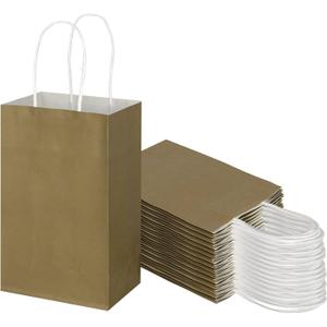 Toovip 50 Pack 5.25x3.25x8.25 Inch Small Gold Kraft Paper Bags with Handles Bulk, Gift Wrap Bags for Favor Grocery Retail Party Birthday Shopping Business Goody Craft Merchandise Take Out Cub Sacks
