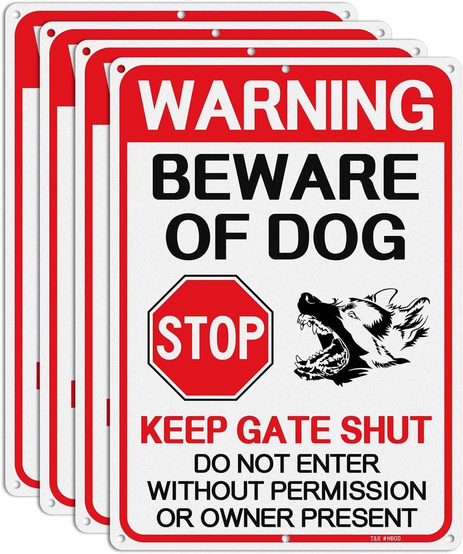 T&R Large Beware of Dog Signs - 4 Pack - 14 x 10 Inches Rust Free .040 Aluminum Reflective for Fence - Do Not Enter Sign for Garden and Yard, Wall Decor - 6 Pre-drilled Holes