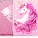 INFILAND for iPad 9th Generation 2021/ iPad 8th Generation 2020/ iPad 7th Generation 2019 Case 10.2 inch, Glitter Cover with Clear Back, Pencil Holder for Kids Girls (Pink Unicorn Dream)