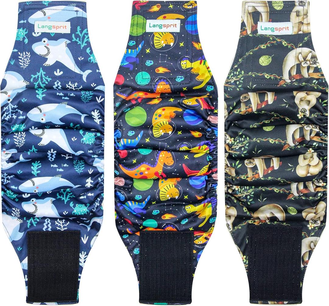 Langsprit Male Belly Bands for Dogs (Pack of 3) - High Absorbing Dog Wraps Male Washable - Reusable Dog Diapers (Sloth,Whale,Dinosaur, XX-Large)