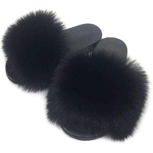 Women's Faux Fur Slides Slippers Fluffy Fuzzy Sandals Open Toe Furry Slide Flip Flop Indoor Outdoor, 7, Black