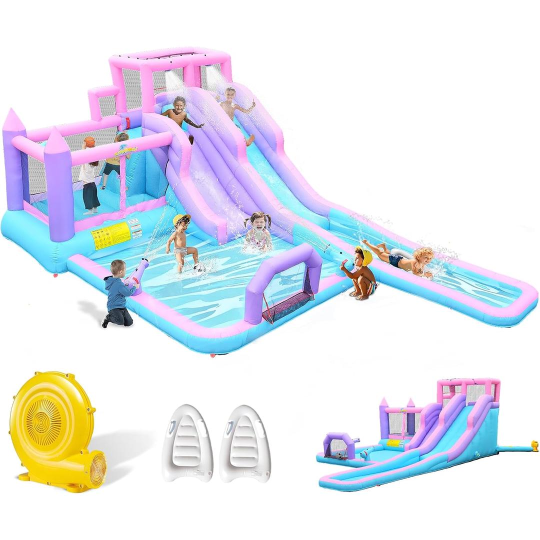 8 in1 20Ftx12Ft Inflatable Water Slide with 17.9ft Long Slide Backyard Bounce House for Kids, Water Slides Park with 2 Inflatable Bodyboards for Ages 3-10, Includes 650W Blower